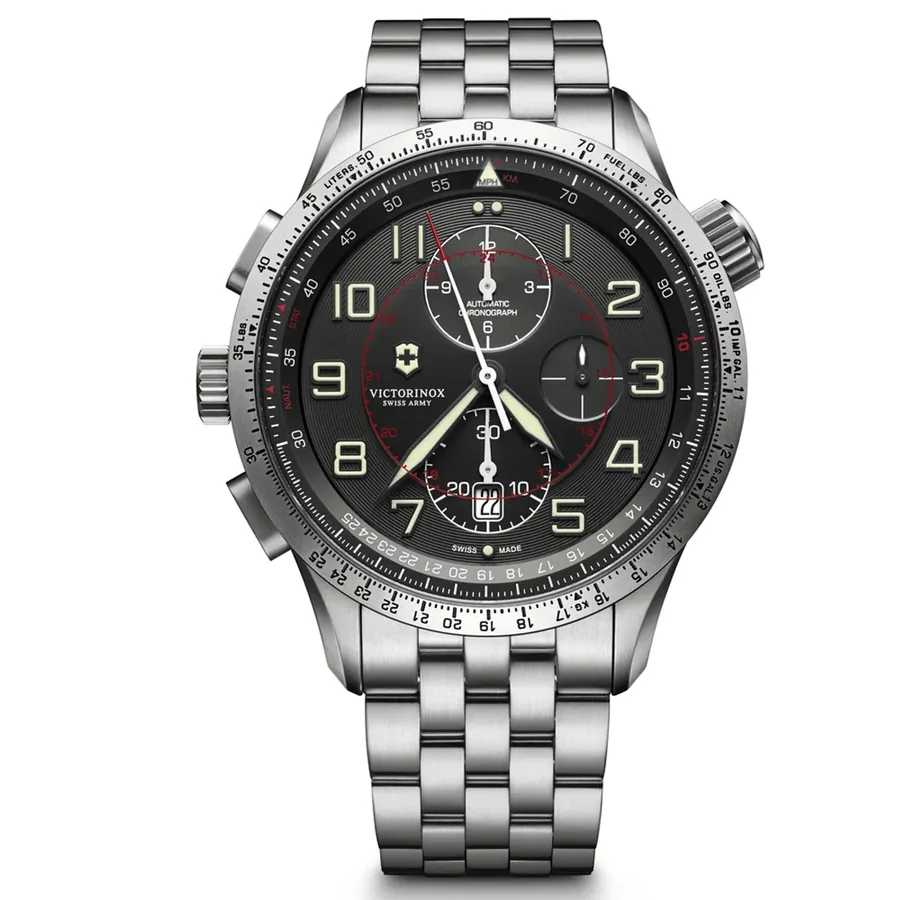Victorinox Airboss 45mm Chronograph Black Dial, Silver-Tone Stainless Steel Bracelet, front view