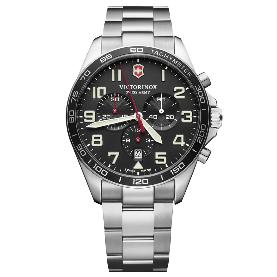 Victorinox Fieldforce Chronograph 42mm Watch, Silver-Tone Strap, Ref. 241855, front view