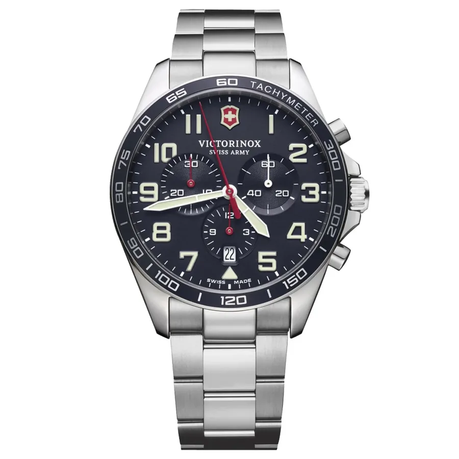 Victorinox Fieldforce Chronograph 42mm Watch, Silver-Tone Strap, Ref. 241857, front view