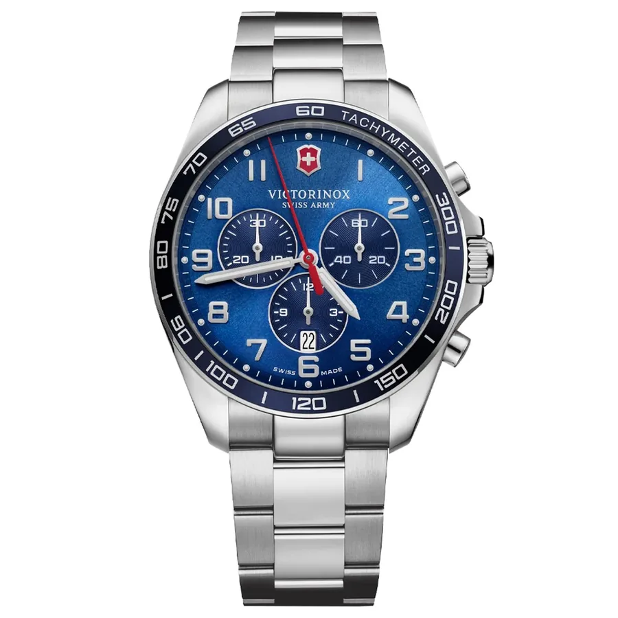 Victorinox Fieldforce Classic Chronograph 42mm Blue Dial, Silver-Tone Strap, front view