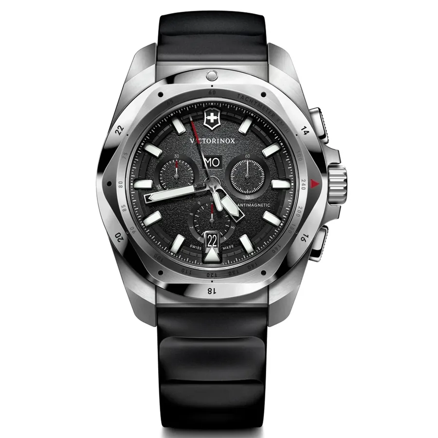 Victorinox I.N.O.X. 43mm Chronograph Black Dial, Black Rubber Strap, front view