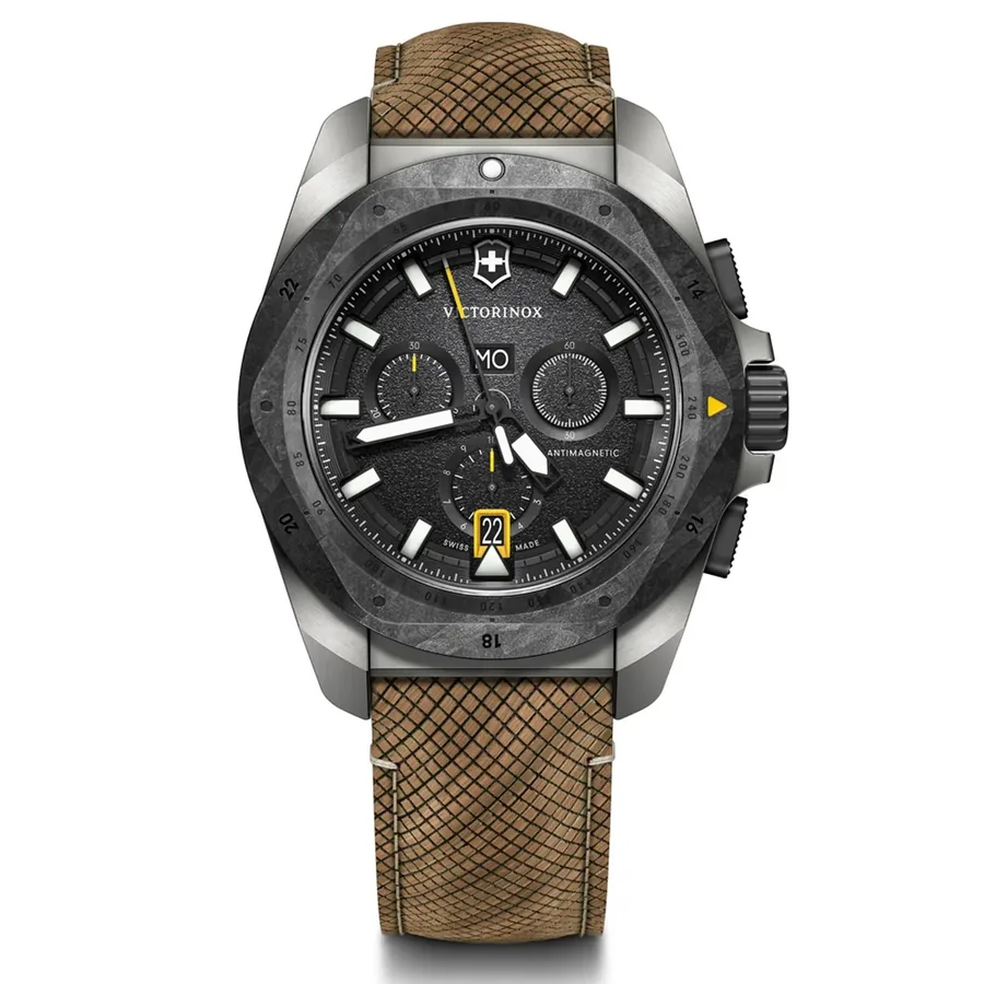 Victorinox I.N.O.X. 43mm Chronograph Black Dial, Brown Rubber Strap, front view