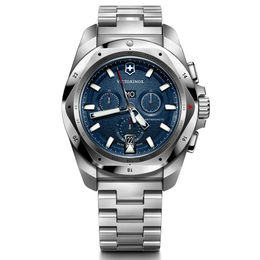 Victorinox I.N.O.X. 43mm Chronograph Blue Dial, Silver-Tone Stainless Steel Bracelet, front view