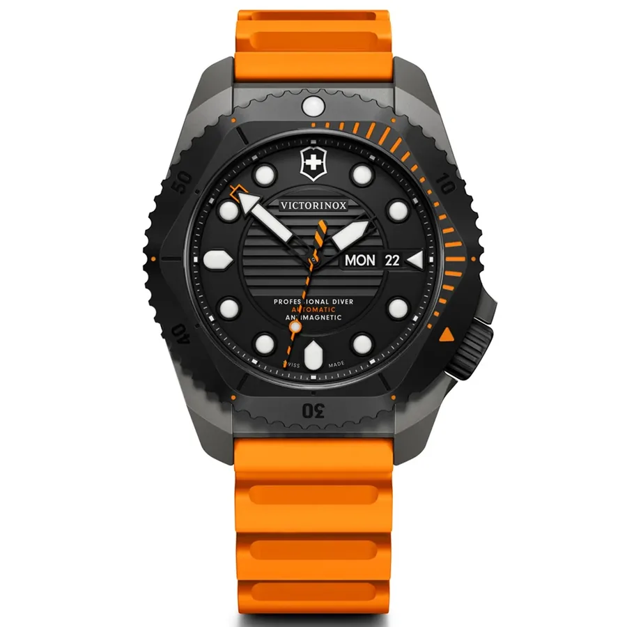 Victorinox I.N.O.X. Dive Pro 43mm Automatic Black Dial, Orange Rubber Strap, front view