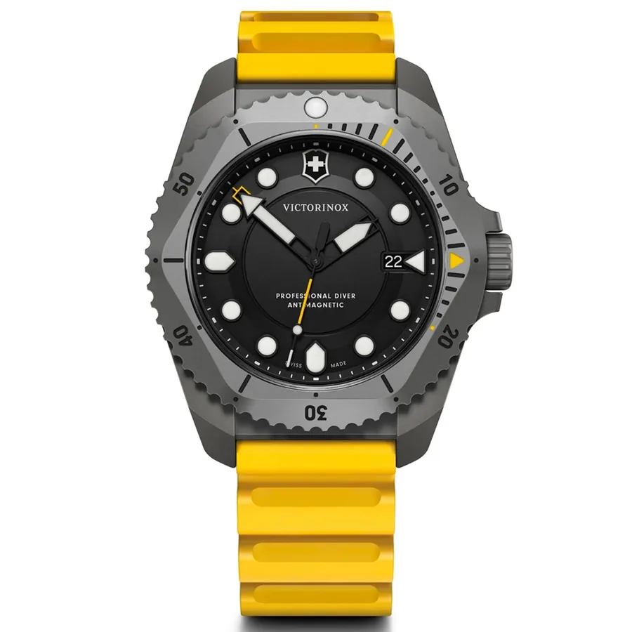 Victorinox I.N.O.X. Dive Pro 43mm Black Dial, Yellow Rubber Strap, front view