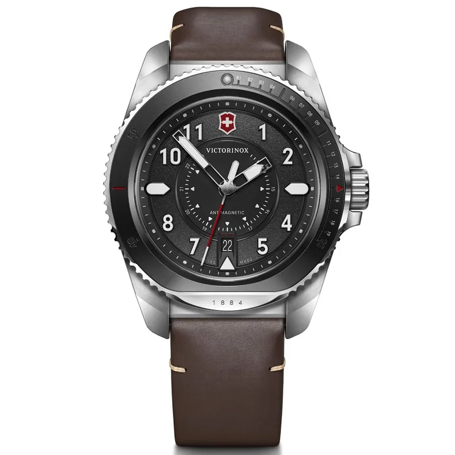Victorinox Journey 1884 43mm Black Dial, Brown Leather Strap, front view