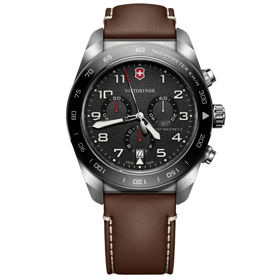 Victorinox Swiss Army 42mm Black Dial, Brown Leather Strap, front view