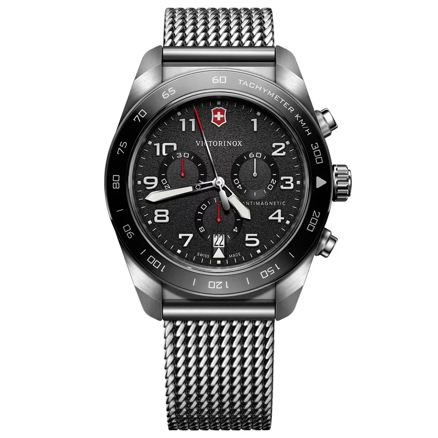 Victorinox Swiss Army 42mm Black Dial, Silver-Tone Stainless Steel Bracelet, Ref. 242048, front view