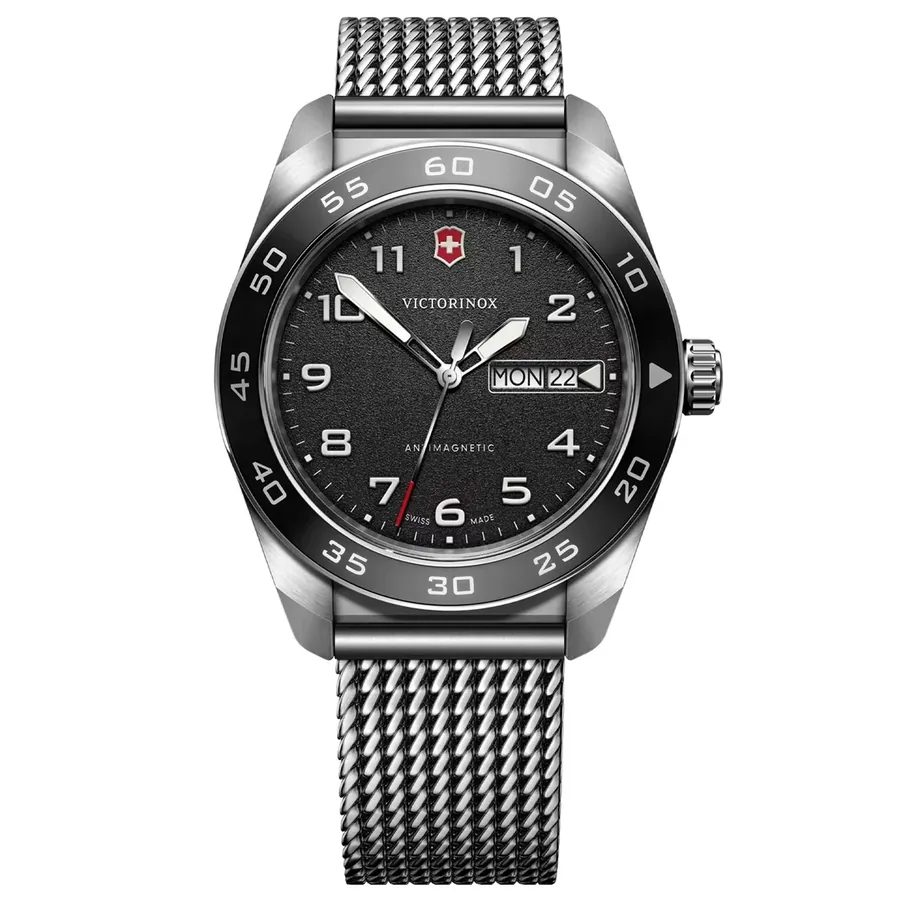Victorinox Swiss Army 42mm Black Dial, Silver-Tone Stainless Steel Bracelet, Ref. 242043, front view