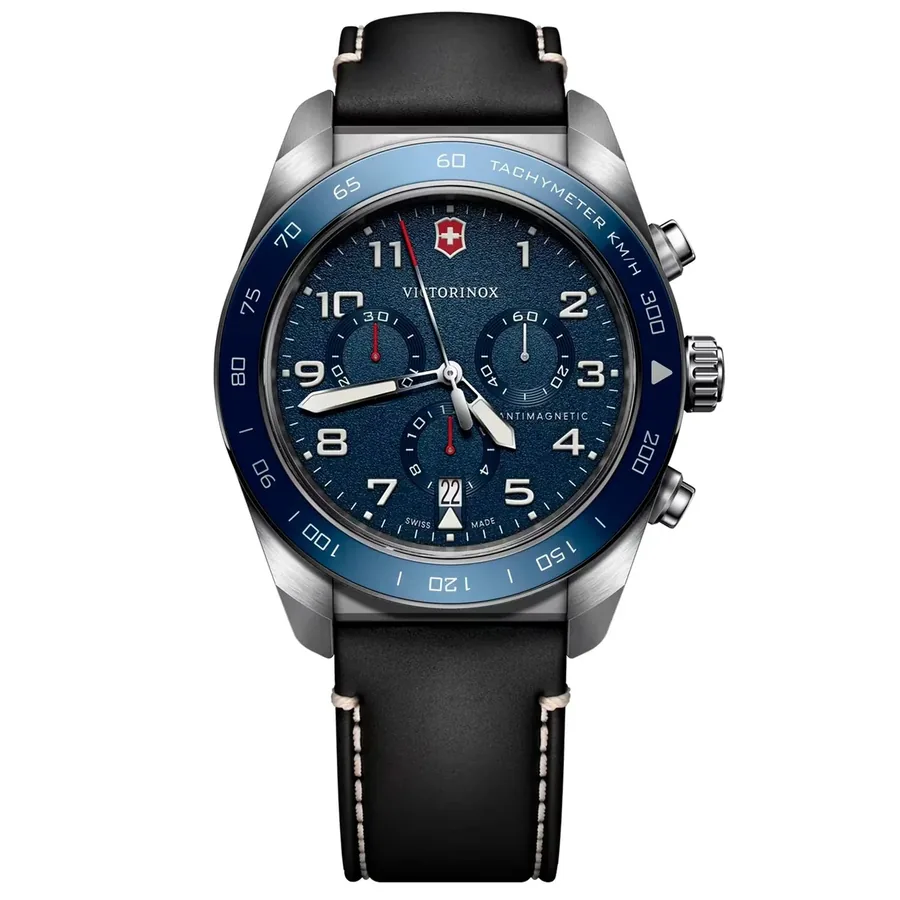Victorinox Swiss Army 42mm Chronograph Black Dial, Black Leather Strap, front view