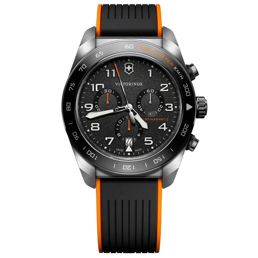 Victorinox Swiss Army 42mm Chronograph Black Dial, Black Rubber Strap, Ref. 242050, front view